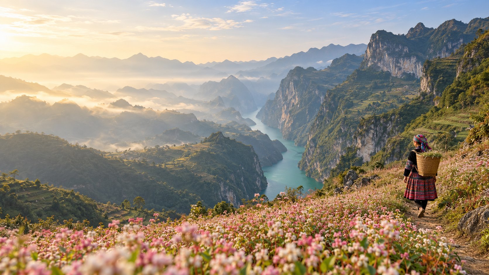Đồi hoa tam giác mạch bên sông Nho Quế, Hà Giang